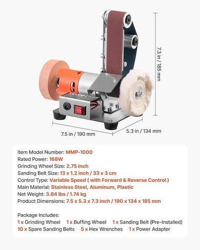 VEVOR 3-in-1 Mini Belt Sander, 13" x 1.2" Sanding Belt, 2.75" Grinding & Polishing Wheel Combo, 7-Speed Adjustable with Forward/Reverse Control for Woodworking, Jewelry Making, Knife Sharpening in Saudi Arabia
