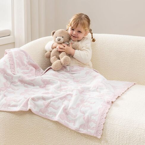 Berkshire Baby Blanket,Ultra-Plush Reversible Chenille Knit Toddler Blanket,Cute Pattern Nursery Crib Blanket,Ideal Baby Gift(30x40 Inches,Ribbon Bow White Pink) in Saudi Arabia