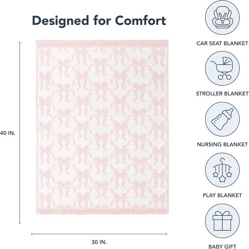 Berkshire Baby Blanket,Ultra-Plush Reversible Chenille Knit Toddler Blanket,Cute Pattern Nursery Crib Blanket,Ideal Baby Gift(30x40 Inches,Ribbon Bow White Pink) in Saudi Arabia