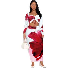 Women's 2-Pc Sexy Slim Floral Print Set: Long-Sleeve Short Top & Slit Long Skirt, Ideal Vacation Beach Dress in Saudi Arabia