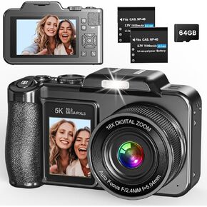 Digital Camera, 5K 80MP 3.5"+2" Dual Screen Cameras for Photography Autofocus, 18X Digital Zoom Vlogging Camera for YouTube, Travel, Beginners, Include 64GB Card and 2 Batteries in Saudi Arabia