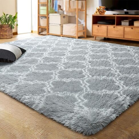 LOCHAS Luxury Shag Area Rug 2x3 Feet Geometric Plush Fluffy Rugs, Extra Soft Carpet Runner Rugs for Bedroom Living Room Dorm Kids, High Pile Shaggy Floor Rug Decor, Dark Grey/White in Kuwait