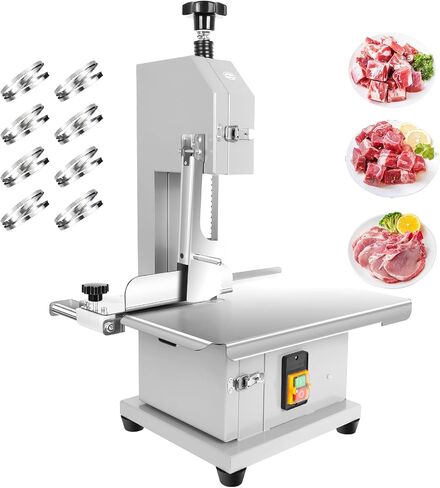 1500W Commercial Electric Meat Bandsaw, Stainless Steel Countertop Bone Sawing Machine with 8 Blades, 15" x 20" Workbeach, 0-7.8 Inch Cutting Thickness, Bone Saw for Butchering Frozen Rib Beef in Saudi Arabia