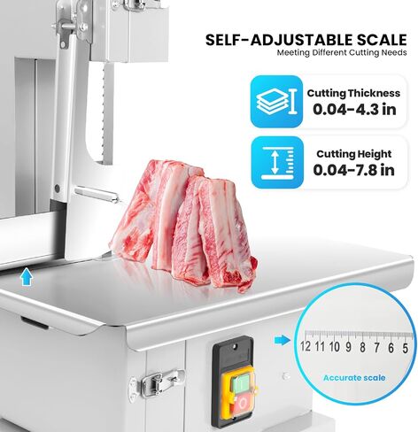 1500W Commercial Electric Meat Bandsaw, Stainless Steel Countertop Bone Sawing Machine with 8 Blades, 15" x 20" Workbeach, 0-7.8 Inch Cutting Thickness, Bone Saw for Butchering Frozen Rib Beef in Saudi Arabia