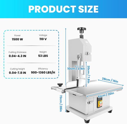 1500W Commercial Electric Meat Bandsaw, Stainless Steel Countertop Bone Sawing Machine with 8 Blades, 15" x 20" Workbeach, 0-7.8 Inch Cutting Thickness, Bone Saw for Butchering Frozen Rib Beef in Saudi Arabia