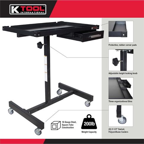 K Tool International 75107 Adjustable Tear Down Work Table with Drawer for Garages, Repair Shops, and DIY, Portable, (4) 2" Swivel Casters, 200 Pound Capacity, Rubber Corners, Heavy Duty Steel, Black in Saudi Arabia