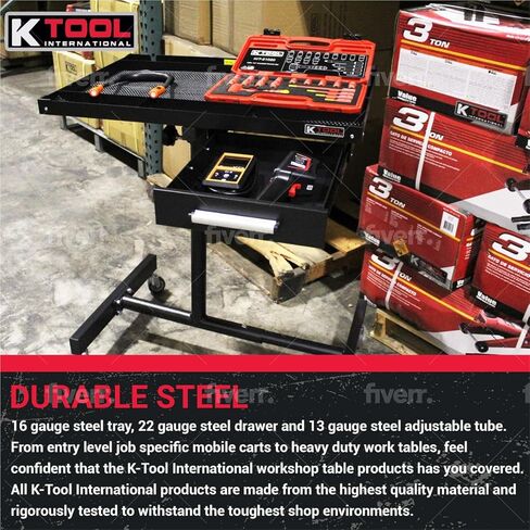 K Tool International 75107 Adjustable Tear Down Work Table with Drawer for Garages, Repair Shops, and DIY, Portable, (4) 2" Swivel Casters, 200 Pound Capacity, Rubber Corners, Heavy Duty Steel, Black in Saudi Arabia