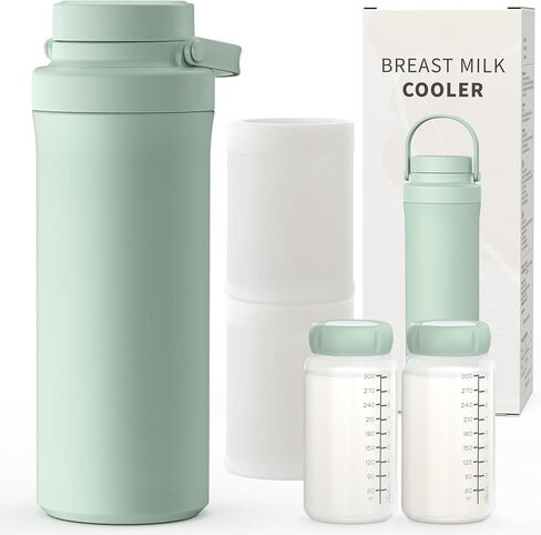 Xaproo 22oz Breast Milk Cooler Bottle, Portable Milk Cooler for Breastmilk with 360°Cooling for 24 Hours, Millk Chiller with 2pcs Baby Bottles, Breastmilk Storage Bags for Baby, BPA-Free (Green) in Saudi Arabia