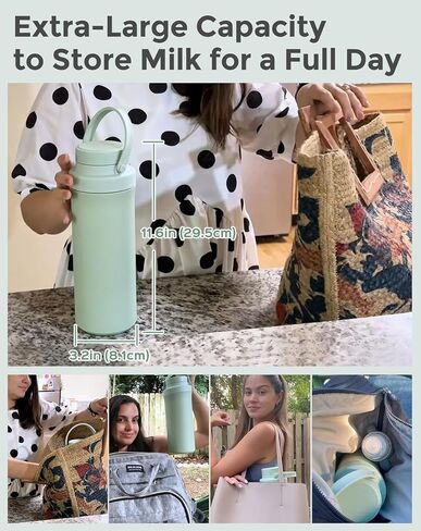 Xaproo 22oz Breast Milk Cooler Bottle, Portable Milk Cooler for Breastmilk with 360°Cooling for 24 Hours, Millk Chiller with 2pcs Baby Bottles, Breastmilk Storage Bags for Baby, BPA-Free (Green) in Saudi Arabia