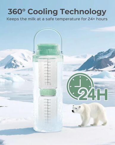 Xaproo 22oz Breast Milk Cooler Bottle, Portable Milk Cooler for Breastmilk with 360°Cooling for 24 Hours, Millk Chiller with 2pcs Baby Bottles, Breastmilk Storage Bags for Baby, BPA-Free (Green) in Saudi Arabia