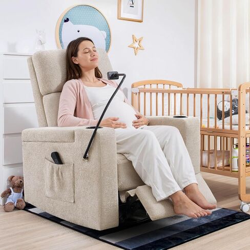 Power Swivel Glider Rocking Chair Nursery, Skin-Friendly Premium Chenille Electric Glider Rocker Recliner Chair with Armrest Storage, USB A&C Ports, Cup Holder, Phone Holder, Chenille Beige in Saudi Arabia