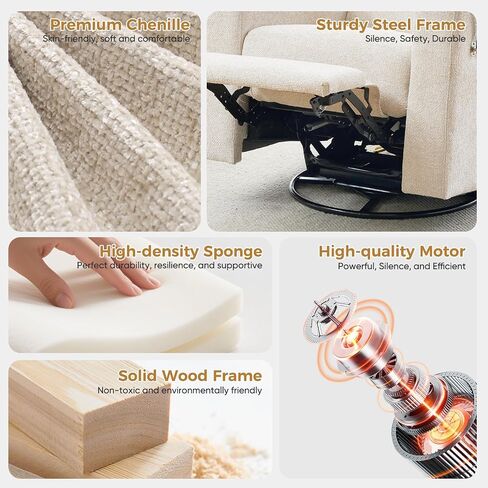 Power Swivel Glider Rocking Chair Nursery, Skin-Friendly Premium Chenille Electric Glider Rocker Recliner Chair with Armrest Storage, USB A&C Ports, Cup Holder, Phone Holder, Chenille Beige in Saudi Arabia