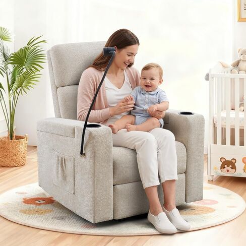 Power Swivel Glider Rocking Chair Nursery, Skin-Friendly Premium Chenille Electric Glider Rocker Recliner Chair with Armrest Storage, USB A&C Ports, Cup Holder, Phone Holder, Chenille Beige in Saudi Arabia