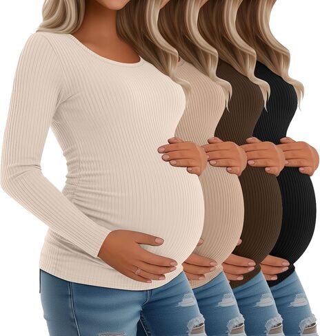 RIYIPER 4 Pack قمصان الأمومة النسائية ، الحمل طويل الأكمام مضلع TEE TOP CREWNECK RUCHED DASAD MAMA in Saudi Arabia