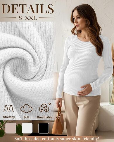 3 Pack Women's Maternity Shirts Long Sleeve Ribbed Round Neck Pregnancy Tops Casual Basic Tee Maternity Clothes in Saudi Arabia