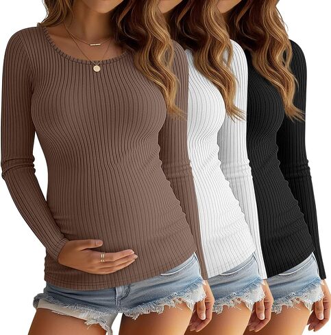 3 Pack Women's Maternity Shirts Long Sleeve Ribbed Round Neck Pregnancy Tops Casual Basic Tee Maternity Clothes in Saudi Arabia