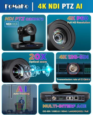 FoMaKo 12G-SDI 4K 60FPS NDI، كاميرا PTZ بتكبير بصري 20X، الجيل 3 من التتبع التلقائي AI 4KP60، مناسبة للكنيسة والمعارض والبث المباشر لليوجا والإنتاج المباشر (K820SX4+KC602+KC606N) in Kuwait