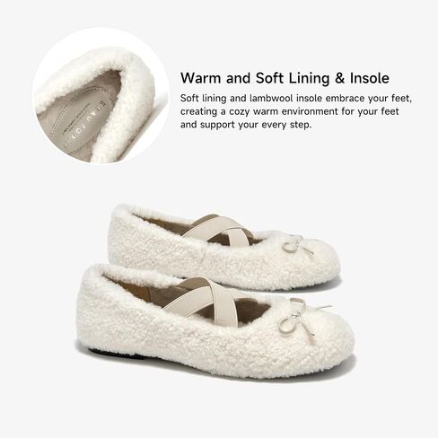 BEAU TODAY Womens Fur Mary Jane Flats, Shearling Ballet Flats for Women, Warm Wool Mary Jane Shoes Fashion Cute Flat Shoes with Cross Strap in Saudi Arabia