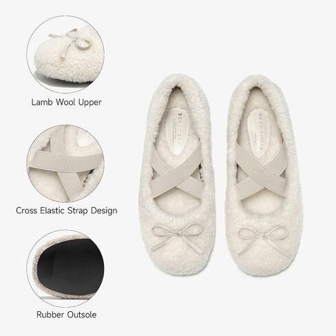 BEAU TODAY Womens Fur Mary Jane Flats, Shearling Ballet Flats for Women, Warm Wool Mary Jane Shoes Fashion Cute Flat Shoes with Cross Strap in Saudi Arabia
