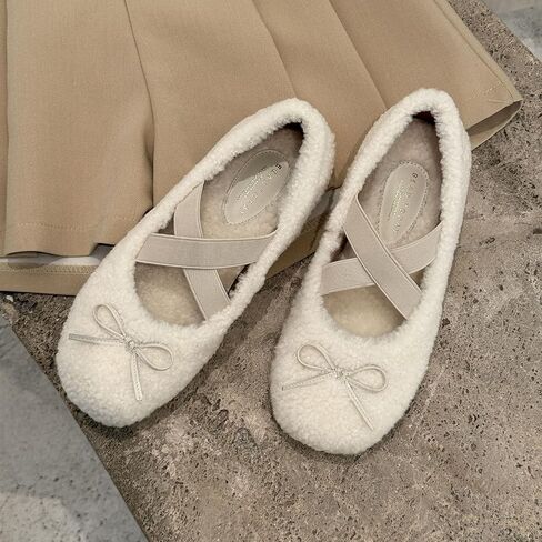 BEAU TODAY Womens Fur Mary Jane Flats, Shearling Ballet Flats for Women, Warm Wool Mary Jane Shoes Fashion Cute Flat Shoes with Cross Strap in Saudi Arabia