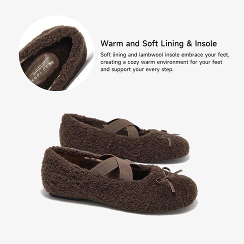 BEAU TODAY Womens Fur Mary Jane Flats, Shearling Ballet Flats for Women, Warm Wool Mary Jane Shoes Fashion Cute Flat Shoes with Cross Strap in Saudi Arabia