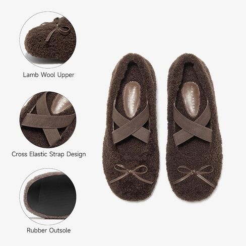 BEAU TODAY Womens Fur Mary Jane Flats, Shearling Ballet Flats for Women, Warm Wool Mary Jane Shoes Fashion Cute Flat Shoes with Cross Strap in Saudi Arabia
