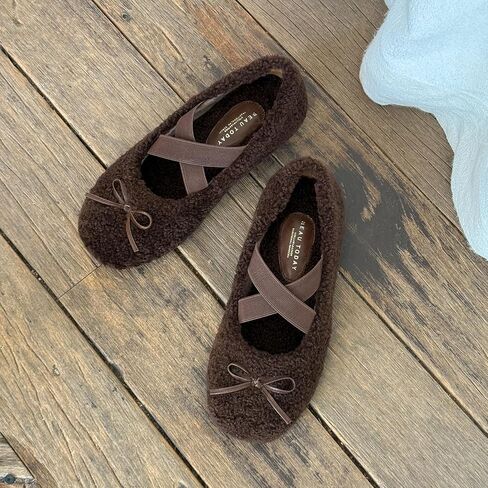 BEAU TODAY Womens Fur Mary Jane Flats, Shearling Ballet Flats for Women, Warm Wool Mary Jane Shoes Fashion Cute Flat Shoes with Cross Strap in Saudi Arabia