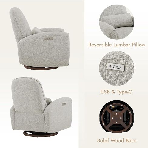Watson & Whitely Swivel Glider Chairs, Nursery Rocking Chairs Power Recliner with Pillow Lumbar Support Charging Ports & Solid Wood Base for Living Room, Grey in Saudi Arabia