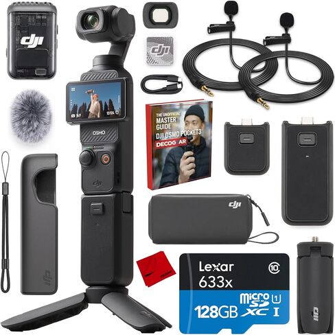 كاميرا DJI Osmo Pocket 3 Creator Combo Vlogging مع ميكروفون 2، 1 بوصة CMOS، فيديو 4K/120 إطارًا في الثانية، تثبيت ثلاثي المحاور، تتبع الوجه/الأشياء، حزمة التركيز السريع مع Deco Essentials 2 ميكروفونات طية صدر السترة + مجموعة in Kuwait