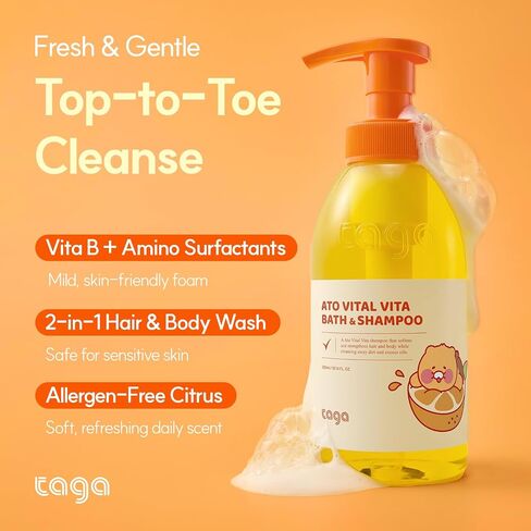 TAGA ATO Vital Vita Kids Bath & Shampoo 300 ml | Vegan Hypoallergenic All-in-One Bath & Hair Cleanser with Ceramide & Vitamins | Gentle Hydration for Family in Saudi Arabia