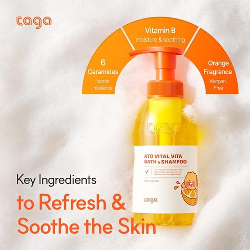 TAGA ATO Vital Vita Kids Bath & Shampoo 300 ml | Vegan Hypoallergenic All-in-One Bath & Hair Cleanser with Ceramide & Vitamins | Gentle Hydration for Family in Saudi Arabia