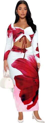 Women's 2-Pc Sexy Slim Floral Print Set: Long-Sleeve Short Top & Slit Long Skirt, Ideal Vacation Beach Dress in Saudi Arabia