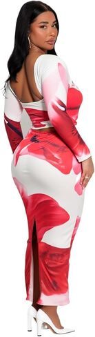 Women's 2-Pc Sexy Slim Floral Print Set: Long-Sleeve Short Top & Slit Long Skirt, Ideal Vacation Beach Dress in Saudi Arabia