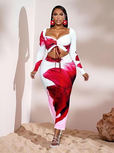 Women's 2-Pc Sexy Slim Floral Print Set: Long-Sleeve Short Top & Slit Long Skirt, Ideal Vacation Beach Dress in Saudi Arabia