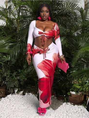 Women's 2-Pc Sexy Slim Floral Print Set: Long-Sleeve Short Top & Slit Long Skirt, Ideal Vacation Beach Dress in Saudi Arabia