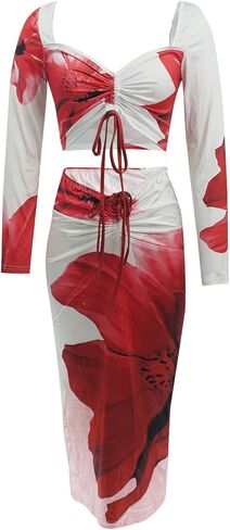 Women's 2-Pc Sexy Slim Floral Print Set: Long-Sleeve Short Top & Slit Long Skirt, Ideal Vacation Beach Dress in Saudi Arabia