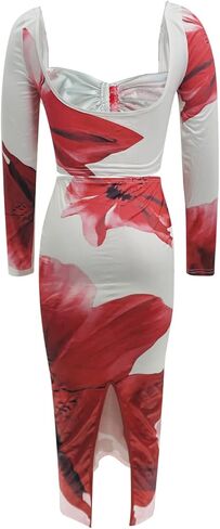 Women's 2-Pc Sexy Slim Floral Print Set: Long-Sleeve Short Top & Slit Long Skirt, Ideal Vacation Beach Dress in Saudi Arabia