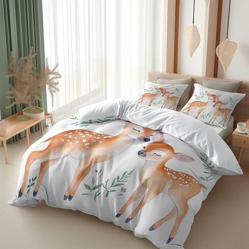 White Duvet Cover Set 2 Pieces Toddler Size, Watercolor Style Deer Animal Comforter Cover, Brushed Microfiber Soft Bedding Sets 40 X 60 Inches Home Bedroom Decorations for All Seasons in Saudi Arabia