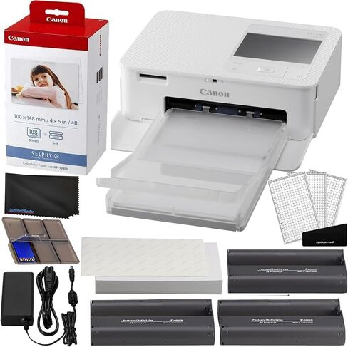 حزمة طابعة صور لاسلكية صغيرة الحجم Canon Selphy CP1500 (أبيض) مع مجموعة ورق حبر ملون KP-108IN (108 ورقة مقاس 4x6 + 3 خراطيش حبر) + حامل بطاقة ذاكرة + المزيد in Saudi Arabia