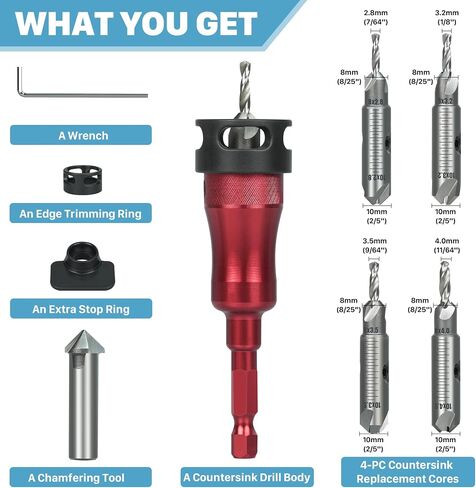 KEENTECH 10-in-1 Countersink Drill Bit Set with A Screwdriver Bit, 2.8/3.2/3.5/4.0 mm Drill Dia x 8/10 mm Countersink Dia, M2 HSS Countersink Bits for #4-#10 Screws, Chamfer Tool Includ in Saudi Arabia
