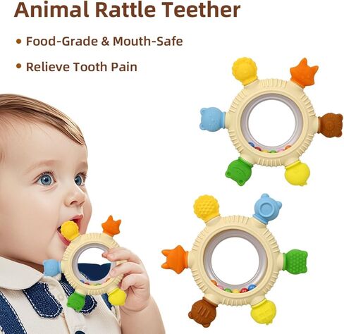 Baby Teething Toys Teething Rings Silicone Teethers for Babies 6-12 Months Baby Rattles & Plush Rings Sensory Toys for Soothing Sore Gums for Newborn Infant Essentials (Animals) in Kuwait