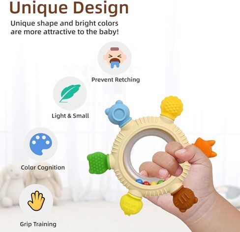 Baby Teething Toys Teething Rings Silicone Teethers for Babies 6-12 Months Baby Rattles & Plush Rings Sensory Toys for Soothing Sore Gums for Newborn Infant Essentials (Animals) in Kuwait