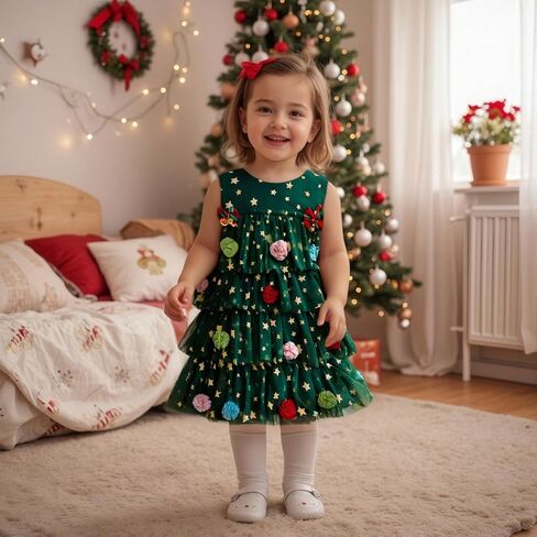 Toddler Baby Girl Christmas Dress Little Girl Sleeveless Star Layered Tulle Tutu Dress Christmas Tree Outfits in Saudi Arabia