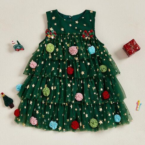 Toddler Baby Girl Christmas Dress Little Girl Sleeveless Star Layered Tulle Tutu Dress Christmas Tree Outfits in Saudi Arabia