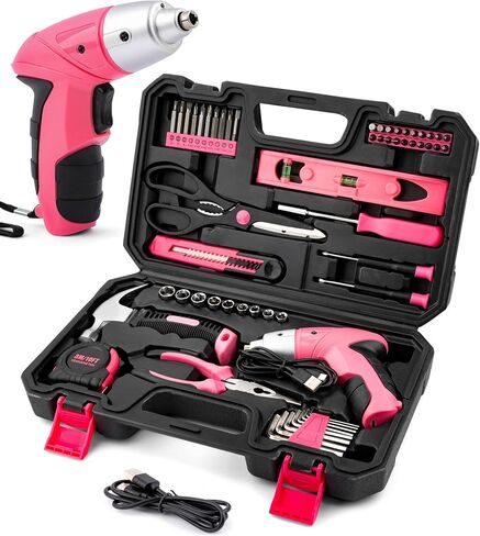 Electric Screwdriver 58pc Tool Set, Cordless & Rechargeable 3.6V Small Power Screwdriver Home Tool Kit Set with Compact Hand Box, Pink in Saudi Arabia