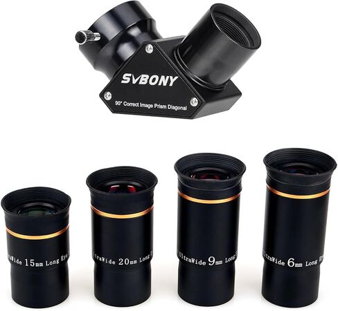 SVBONY SV222 90 Degree Diagonal Mirror, 1.25 Inch Telescope Diagonal with Anti Reflection Coating Metal Bundle with Telescope Eyepiece Set 66 Degree Ultra Wide Angle HD (6mm 9mm 15mm 20mm) in Saudi Arabia