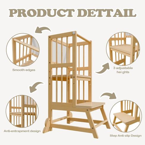Toddler Standing Tower, Wooden Toddler Kitchen Step Stool, Adjustable Height Toddlers Tower for Kitchen and Living Room Countertops, with Removable Safety Railings, and Easy-to-Clean Surface in Saudi Arabia