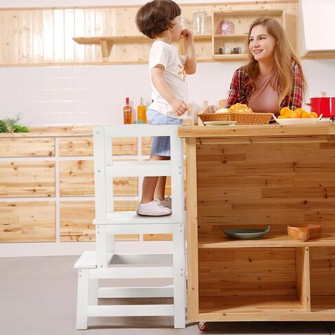 مقعد خطوة للمطبخ للأطفال الصغار مع حاجز أمان، برج خشبي واقف للأطفال الصغار، مساعد تعليم مونتيسوري مع هيكل مضاد للطرف لحمام المطبخ، مضاد للانزلاق، أبيض in Kuwait