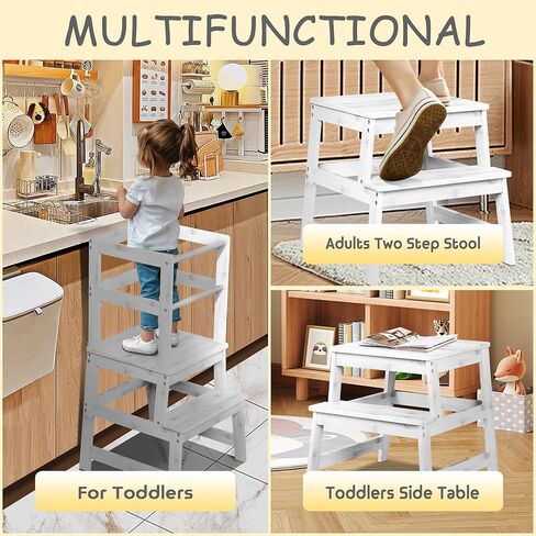 مقعد خطوة للمطبخ للأطفال الصغار مع حاجز أمان، برج خشبي واقف للأطفال الصغار، مساعد تعليم مونتيسوري مع هيكل مضاد للطرف لحمام المطبخ، مضاد للانزلاق، أبيض in Kuwait