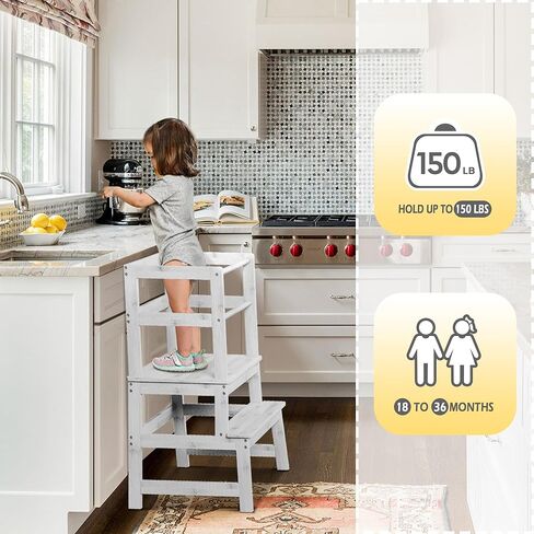 مقعد خطوة للمطبخ للأطفال الصغار مع حاجز أمان، برج خشبي واقف للأطفال الصغار، مساعد تعليم مونتيسوري مع هيكل مضاد للطرف لحمام المطبخ، مضاد للانزلاق، أبيض in Kuwait